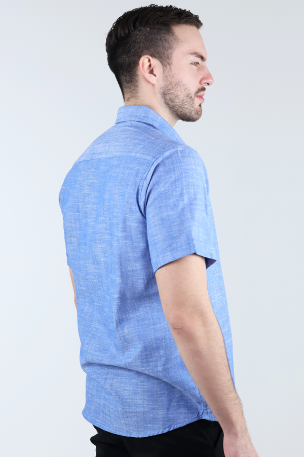 Camisa Azul Jaspe Moderna Hombre Manga Corta Con Bolsa Interior Oculta